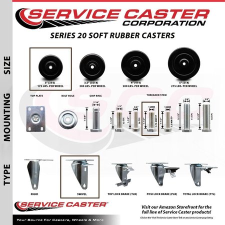 Service Caster 3 Inch Soft Rubber 12 MM Threaded Stem Caster Set 2 Brakes SCC SCC-TS20S314-SRS-M1215-2-PLB-2